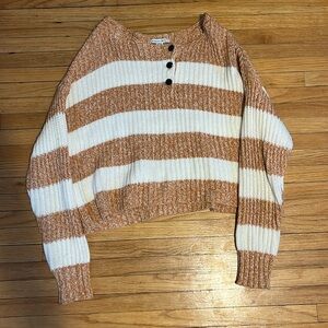small american eagle white and orange striped sweater with quarter buttons